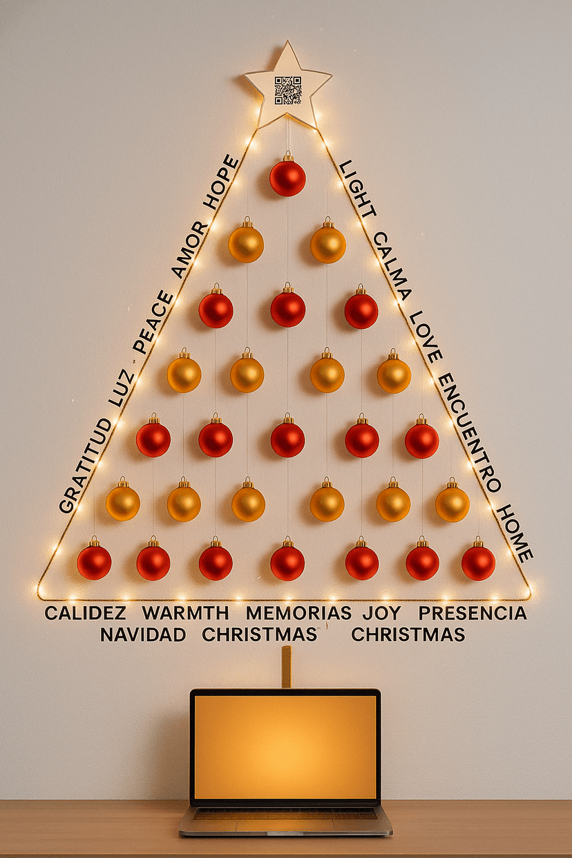 Minimalist typographic Christmas tree with one QR code on the star inside a triangle of LED lights